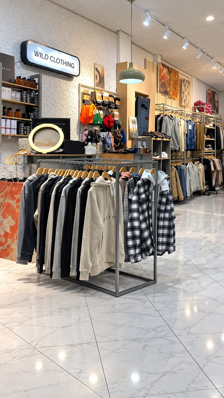 Boutique de vêtements, avec le présentateur en petit en bas à gauche, entouré de blanc. Aperçu illustratif Instagram.